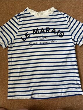 H&M White and Blue Striped "Le Marais" Tee